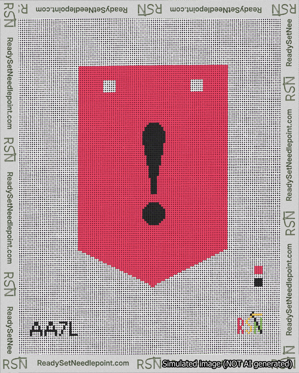 A taped needlepoint canvas with the design: Banner 18 mesh count Pointed Exclamation Black on Red.