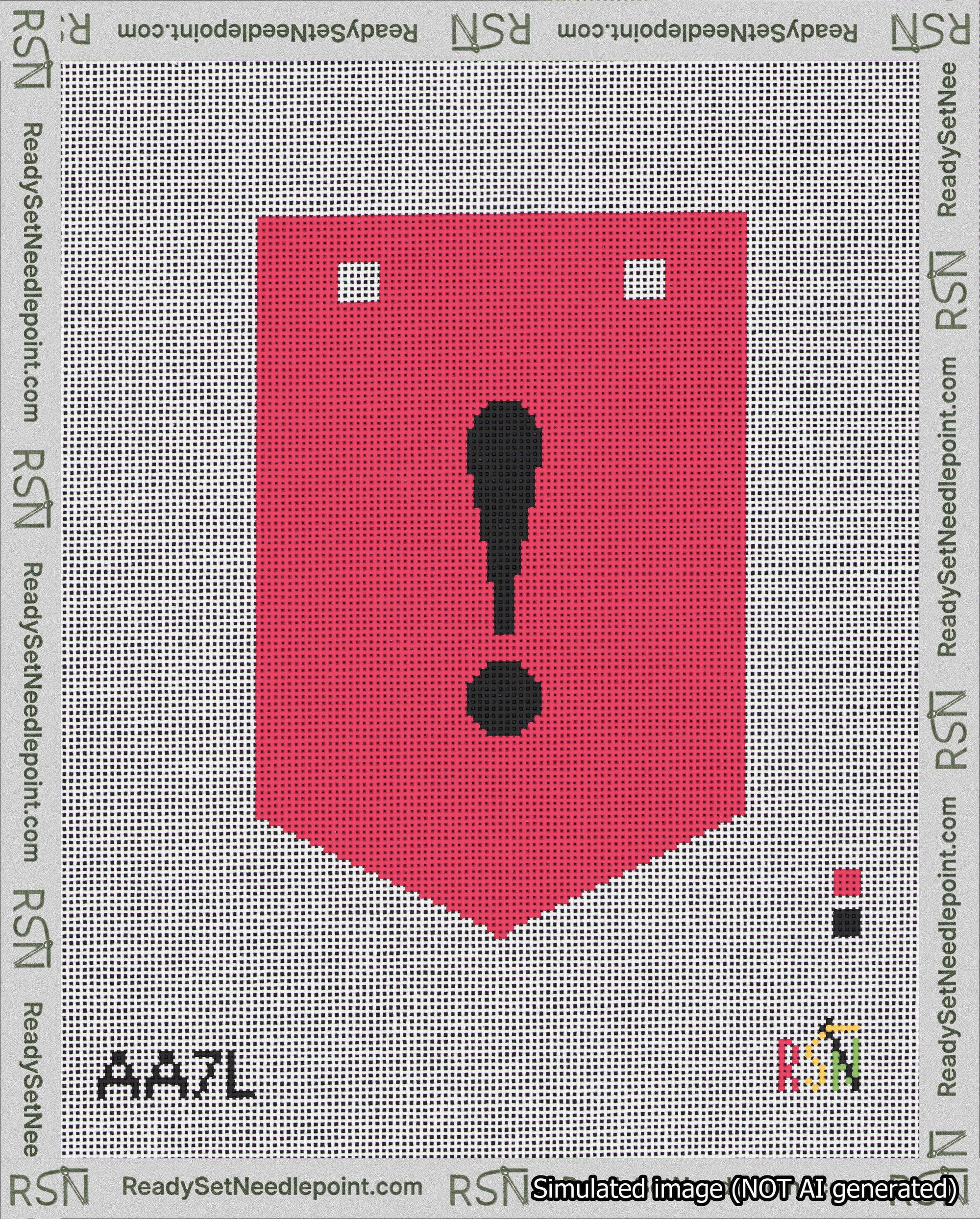 A taped needlepoint canvas with the design: Banner 18 mesh count Pointed Exclamation Black on Red.