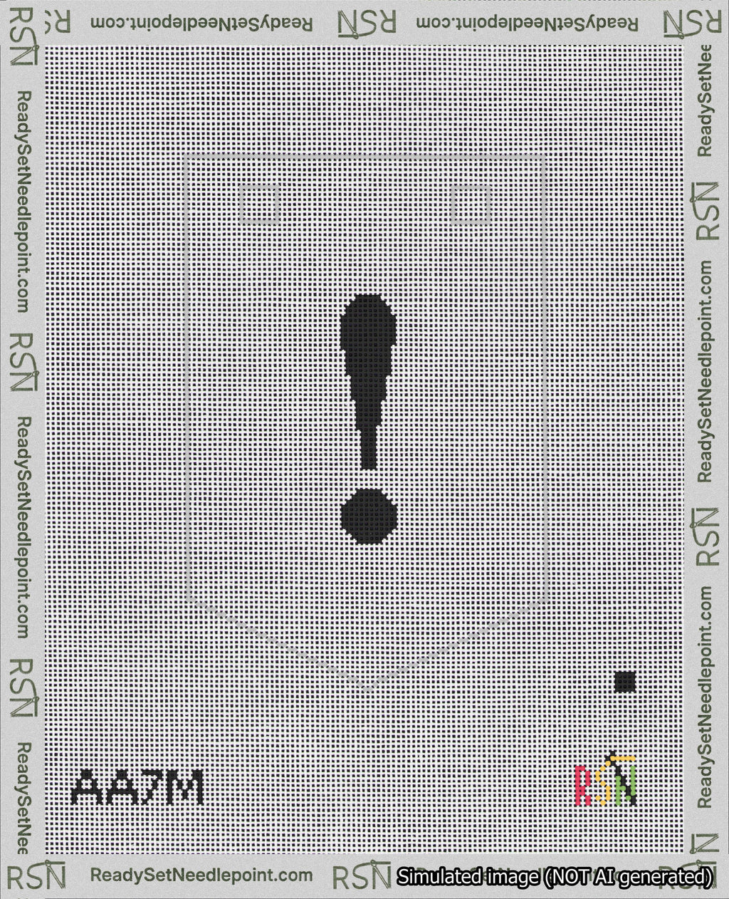 A taped needlepoint canvas with the design: Banner 18 mesh count Pointed Exclamation Black on White.