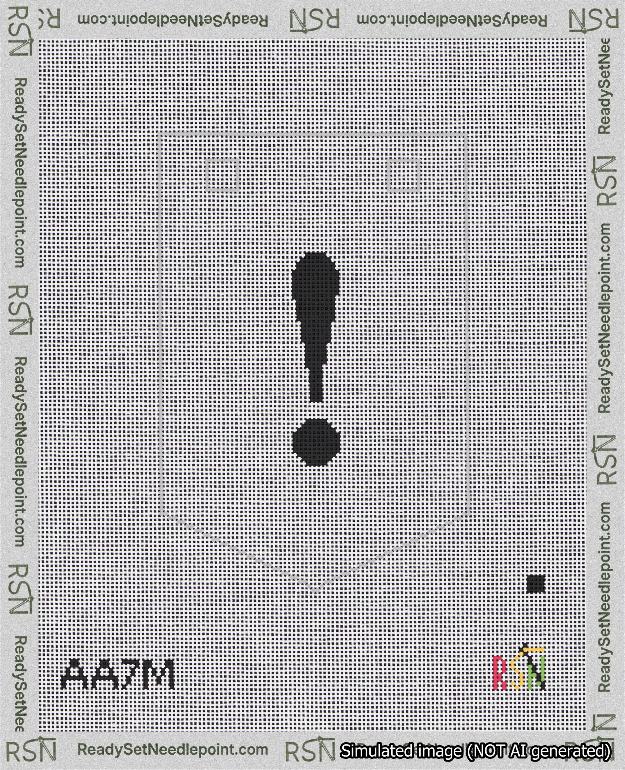 A taped needlepoint canvas with the design: Banner 18 mesh count Pointed Exclamation Black on White.