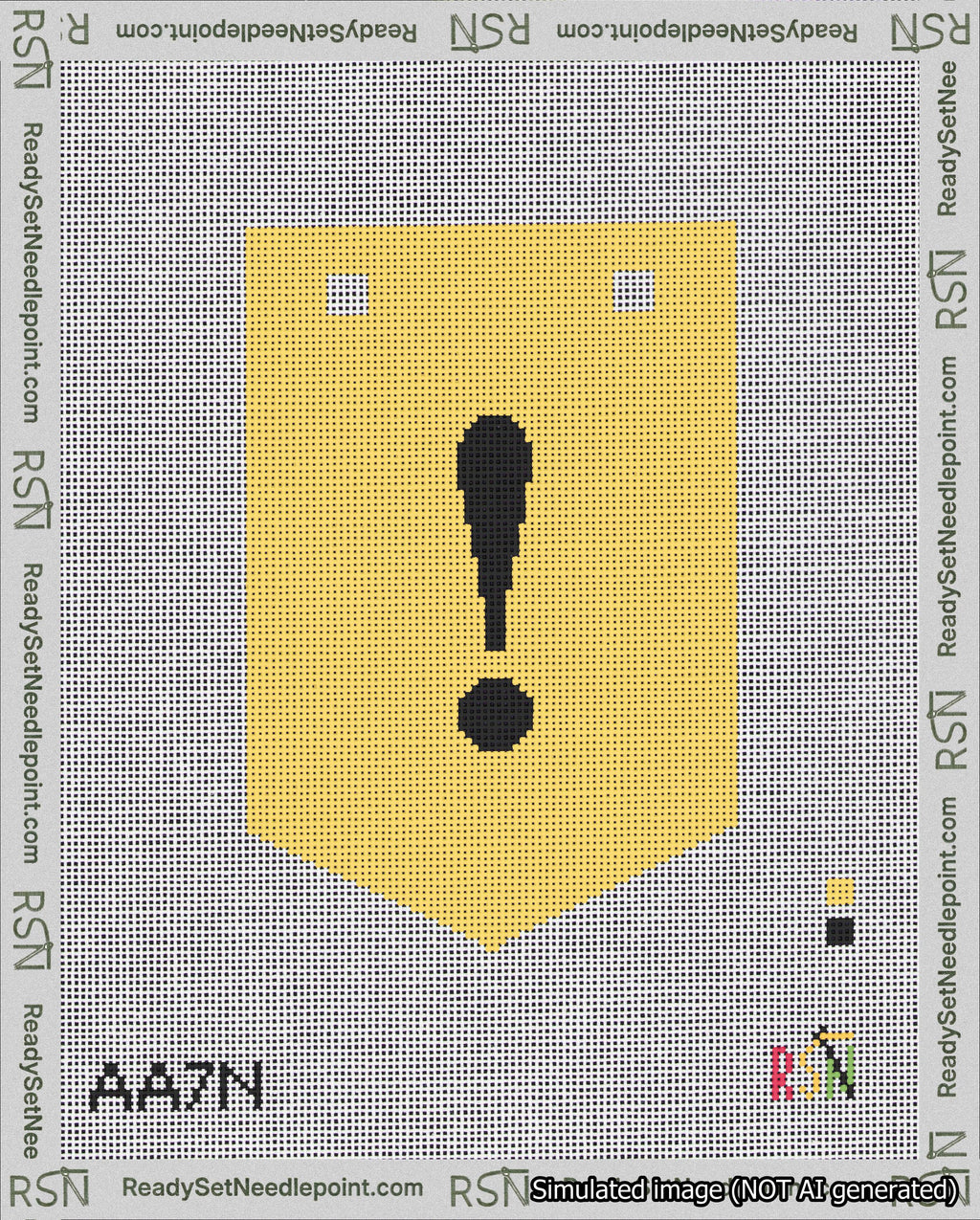 A taped needlepoint canvas with the design: Banner 18 mesh count Pointed Exclamation Black on Yellow.
