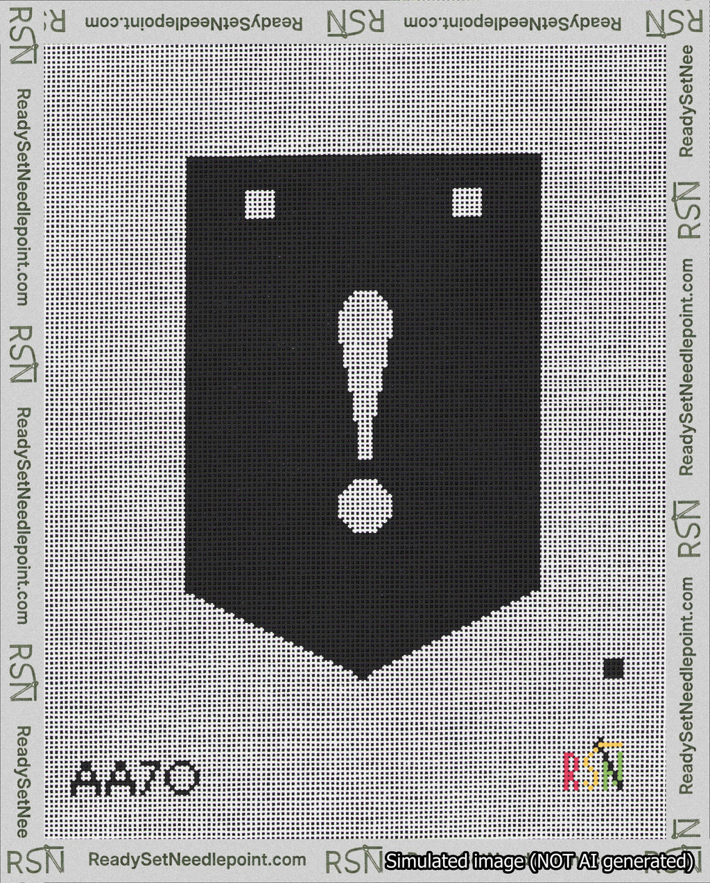 A taped needlepoint canvas with the design: Banner 18 mesh count Pointed Exclamation White on Black.