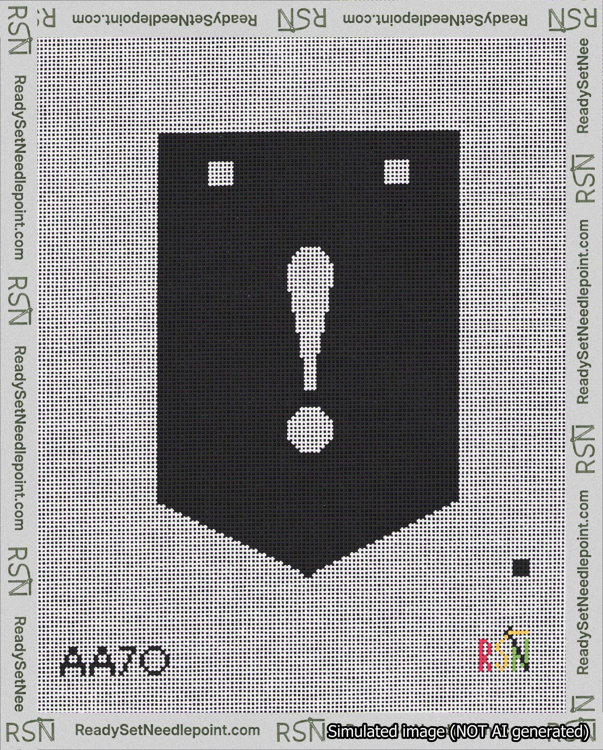 A taped needlepoint canvas with the design: Banner 18 mesh count Pointed Exclamation White on Black.