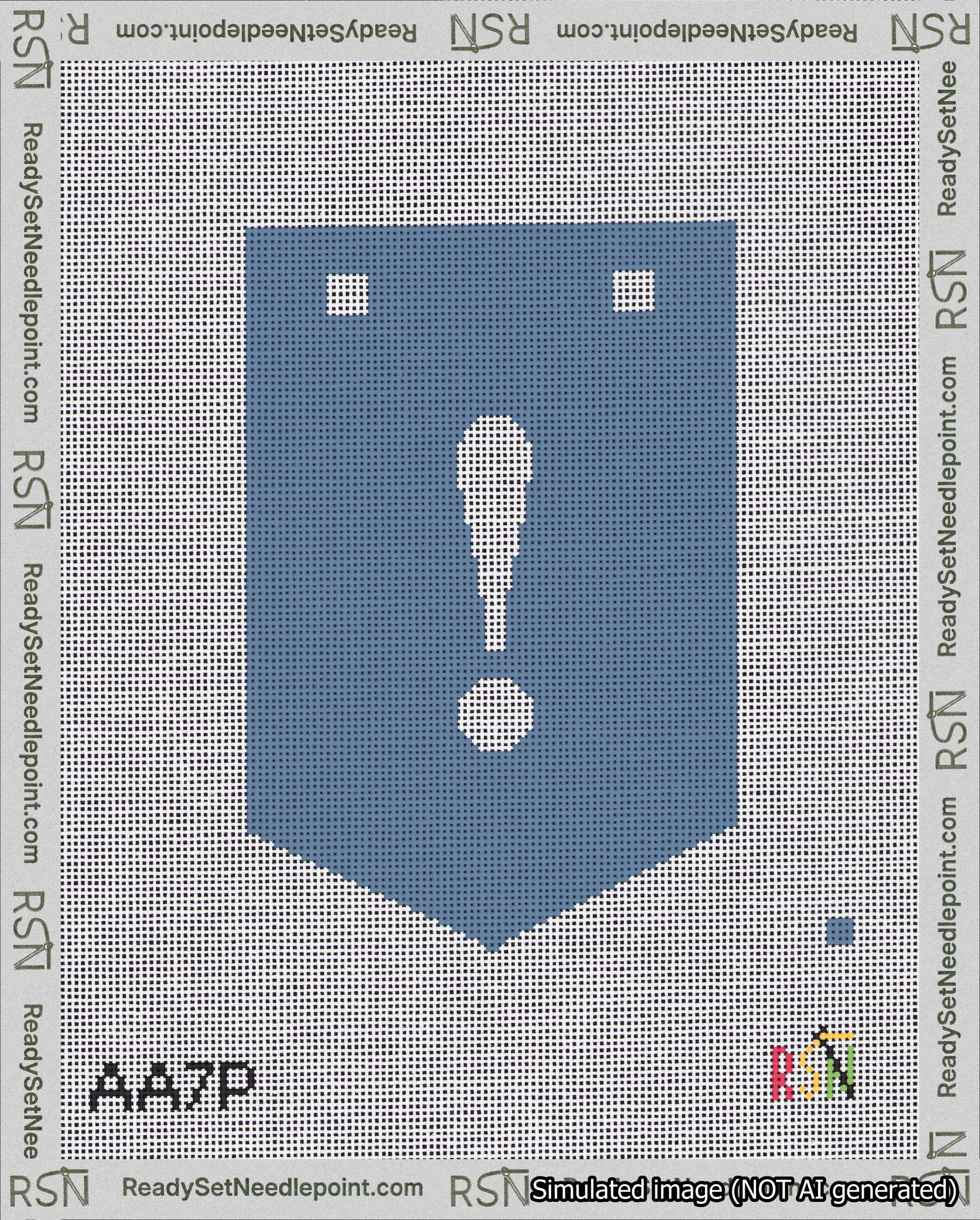 A taped needlepoint canvas with the design: Banner 18 mesh count Pointed Exclamation White on Blue.