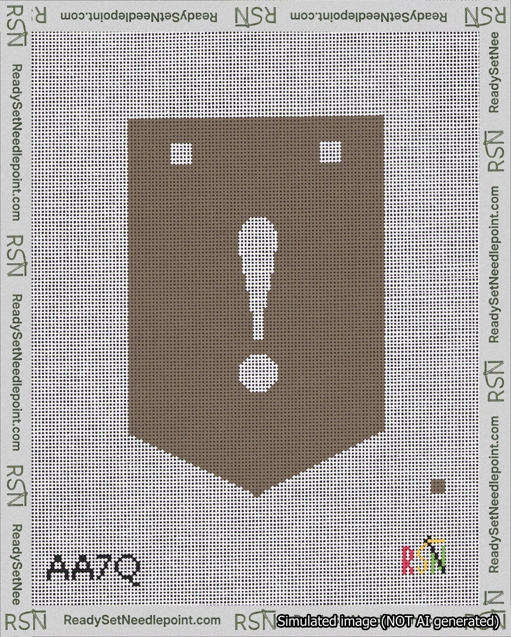 A taped needlepoint canvas with the design: Banner 18 mesh count Pointed Exclamation White on Brown.