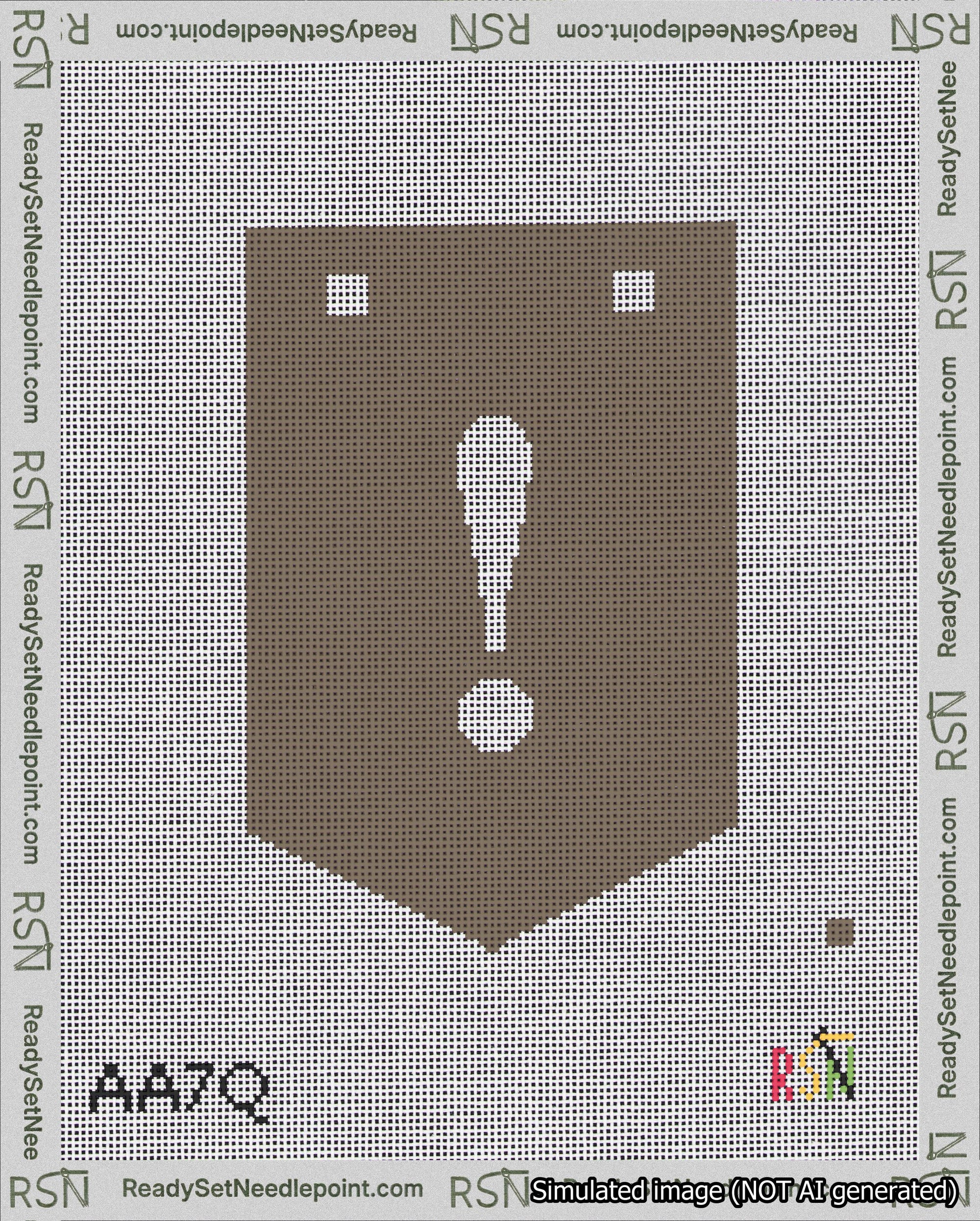 A taped needlepoint canvas with the design: Banner 18 mesh count Pointed Exclamation White on Brown.