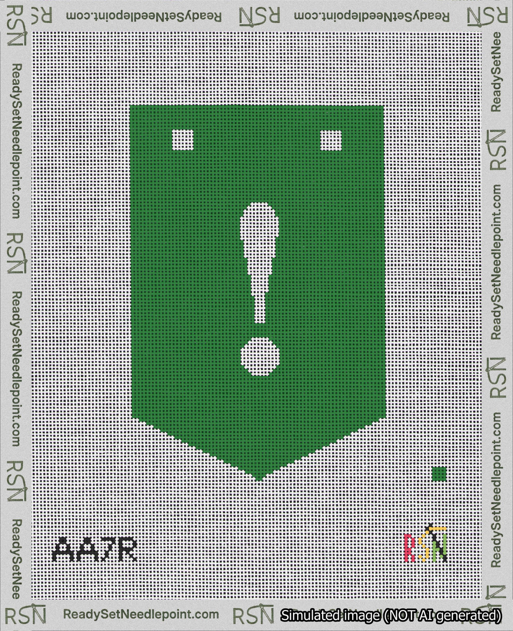 A taped needlepoint canvas with the design: Banner 18 mesh count Pointed Exclamation White on Green.