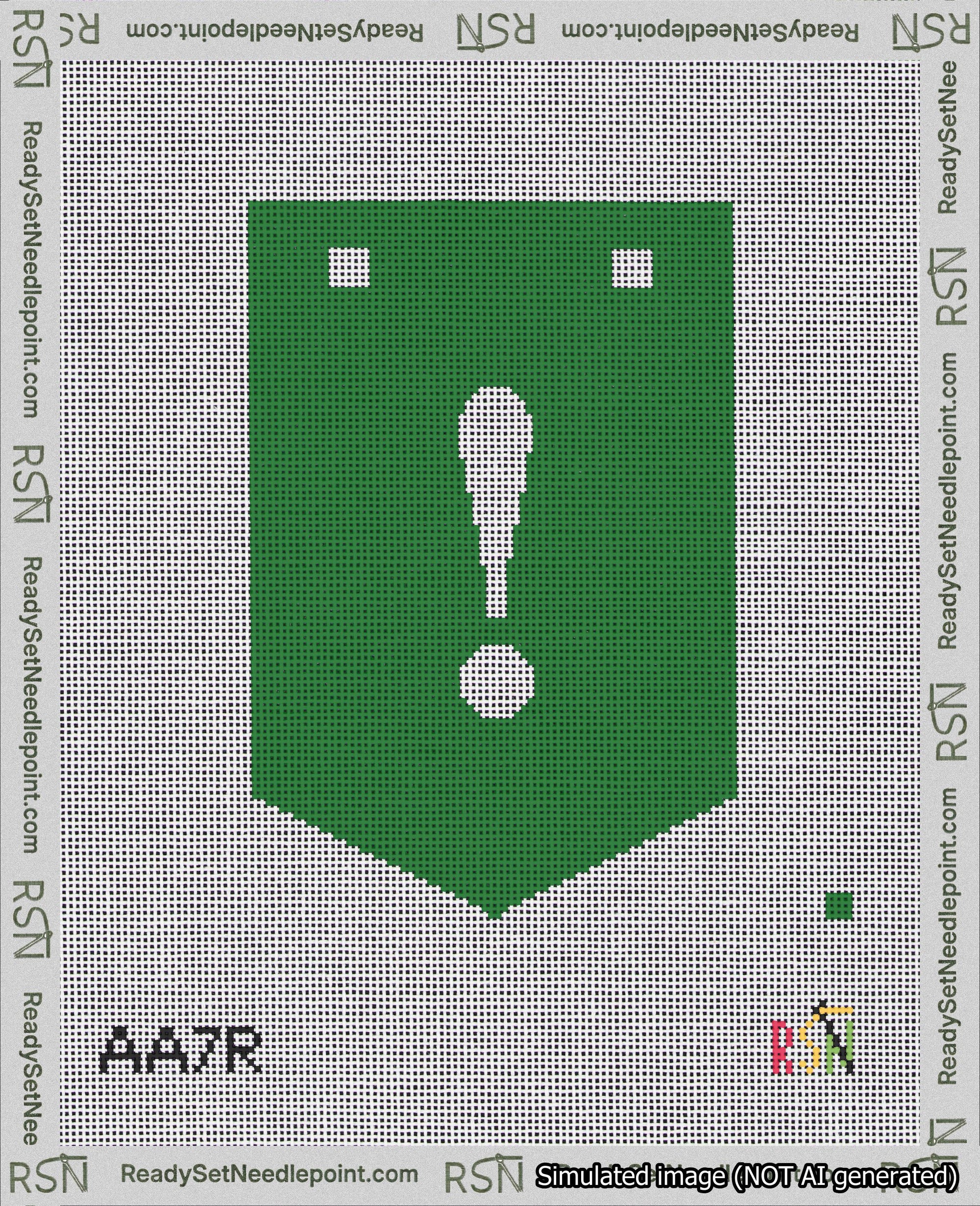A taped needlepoint canvas with the design: Banner 18 mesh count Pointed Exclamation White on Green.