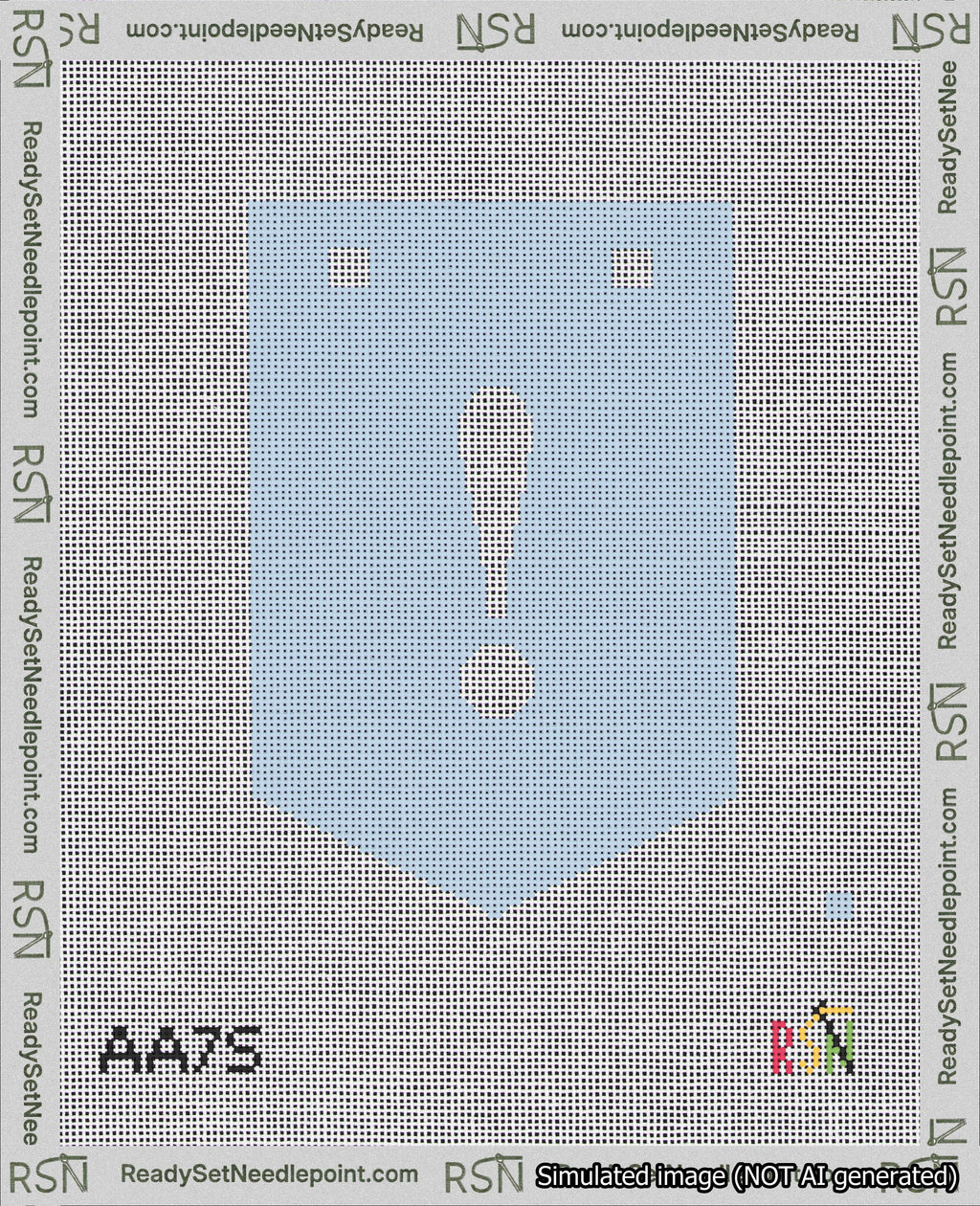 A taped needlepoint canvas with the design: Banner 18 mesh count Pointed Exclamation White on Light Blue.