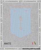 A taped needlepoint canvas with the design: Banner 18 mesh count Pointed Exclamation White on Light Blue.