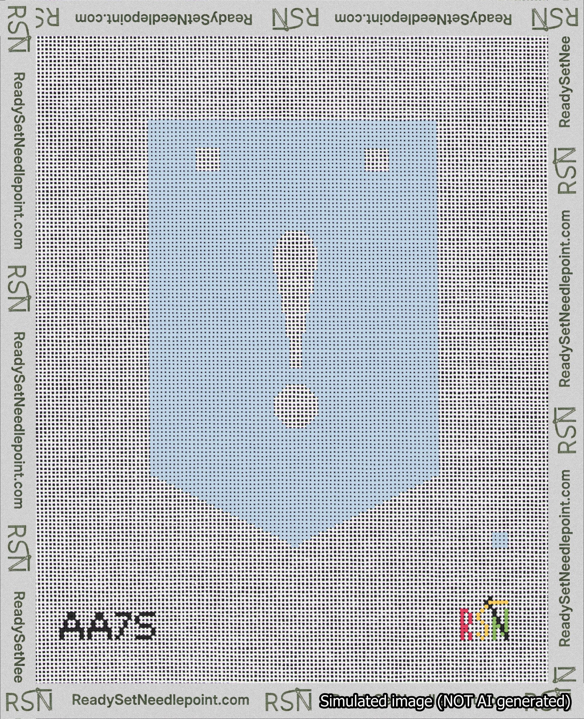 A taped needlepoint canvas with the design: Banner 18 mesh count Pointed Exclamation White on Light Blue.