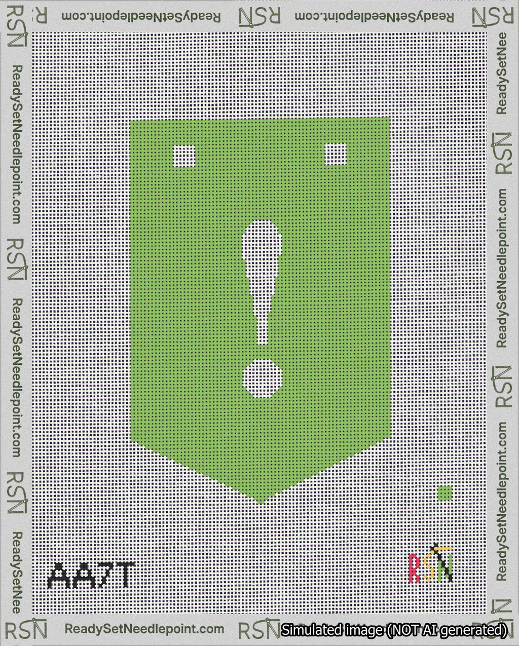 A taped needlepoint canvas with the design: Banner 18 mesh count Pointed Exclamation White on Light Green.