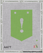 A taped needlepoint canvas with the design: Banner 18 mesh count Pointed Exclamation White on Light Green.