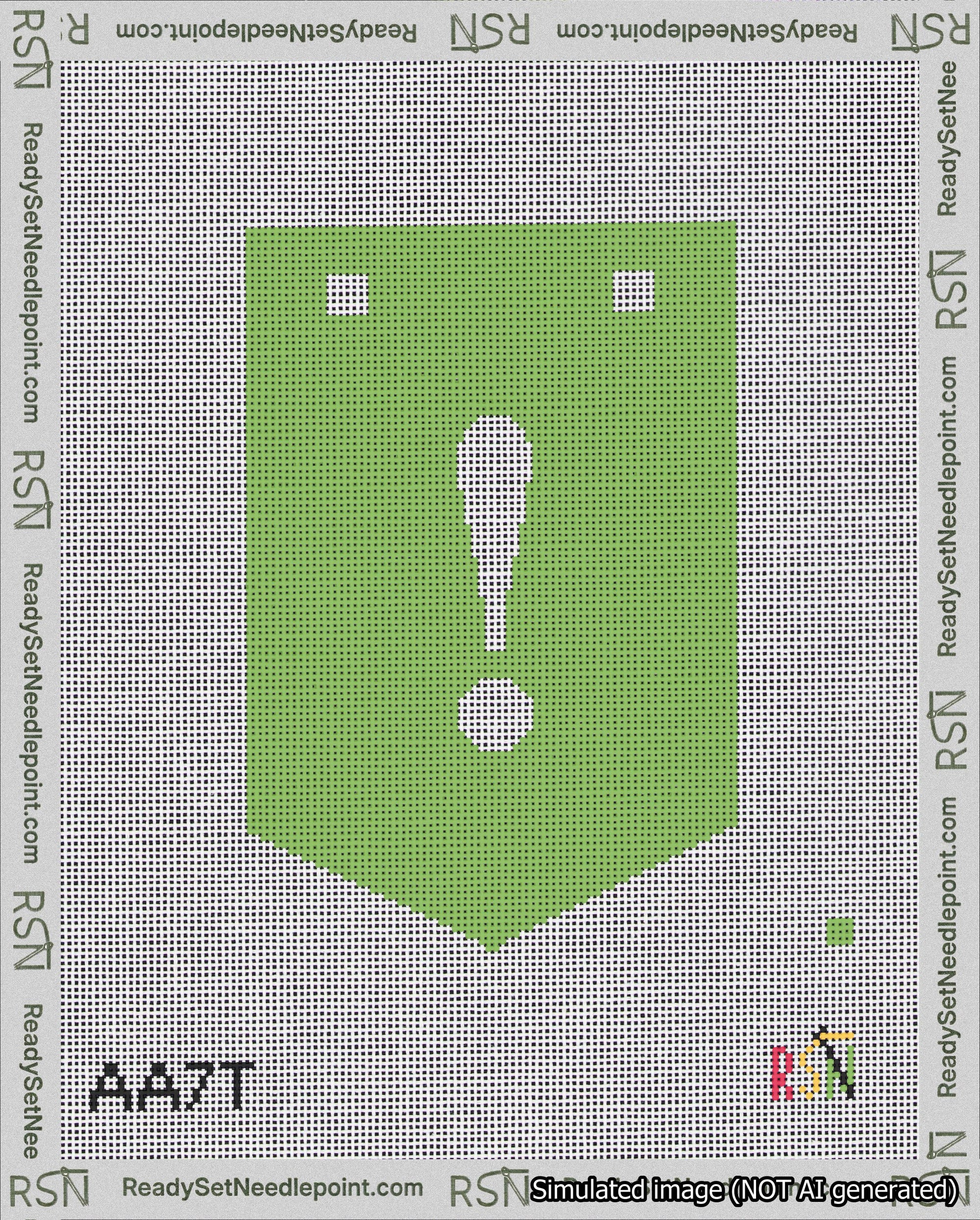 A taped needlepoint canvas with the design: Banner 18 mesh count Pointed Exclamation White on Light Green.
