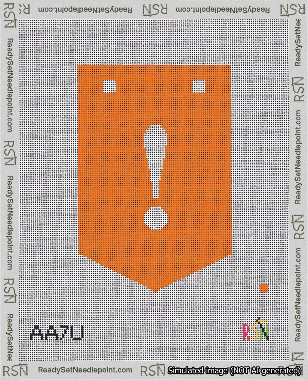 A taped needlepoint canvas with the design: Banner 18 mesh count Pointed Exclamation White on Orange.