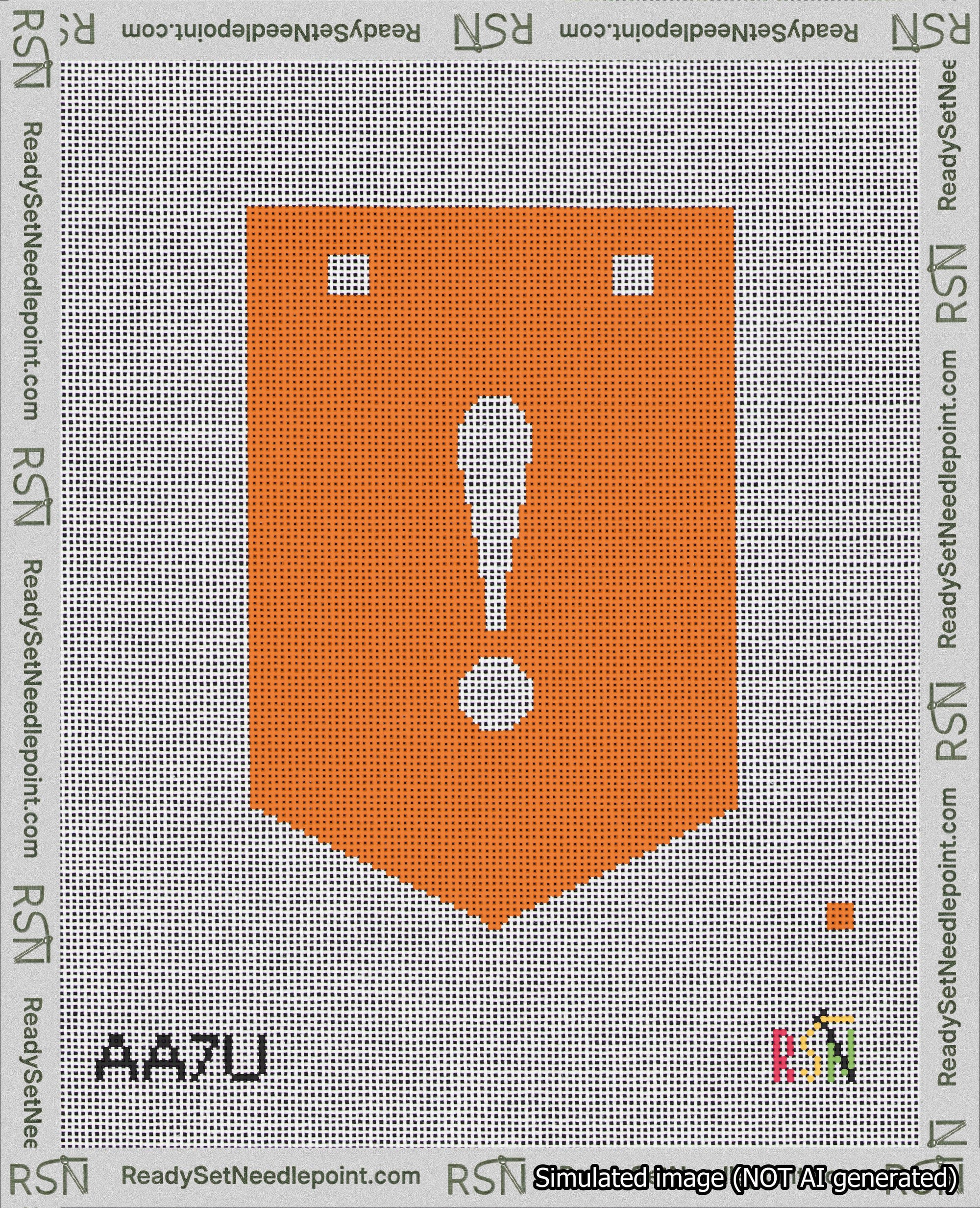 A taped needlepoint canvas with the design: Banner 18 mesh count Pointed Exclamation White on Orange.