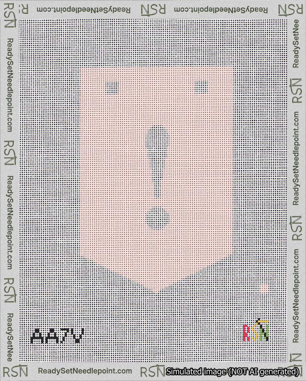 A taped needlepoint canvas with the design: Banner 18 mesh count Pointed Exclamation White on Pink.