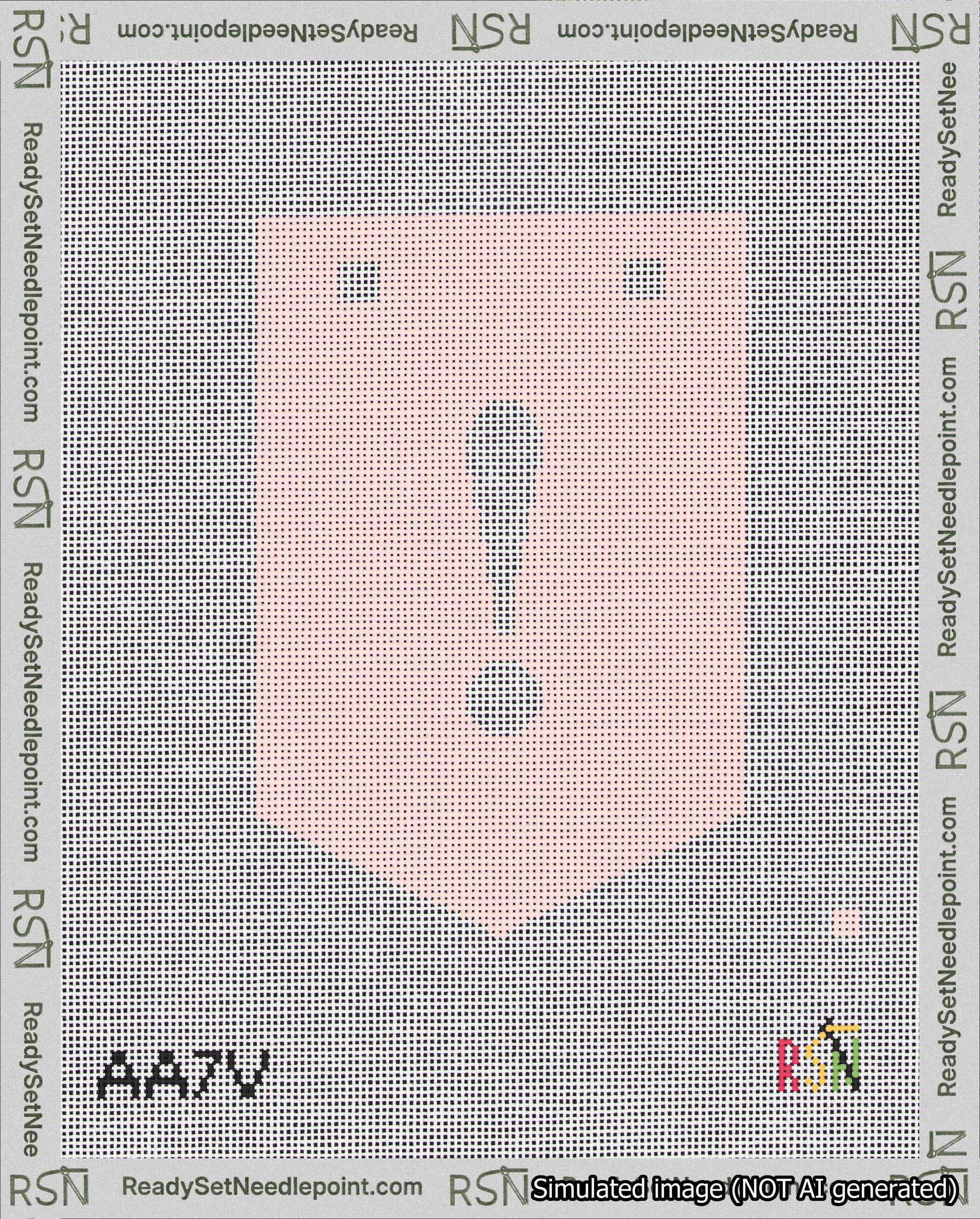 A taped needlepoint canvas with the design: Banner 18 mesh count Pointed Exclamation White on Pink.