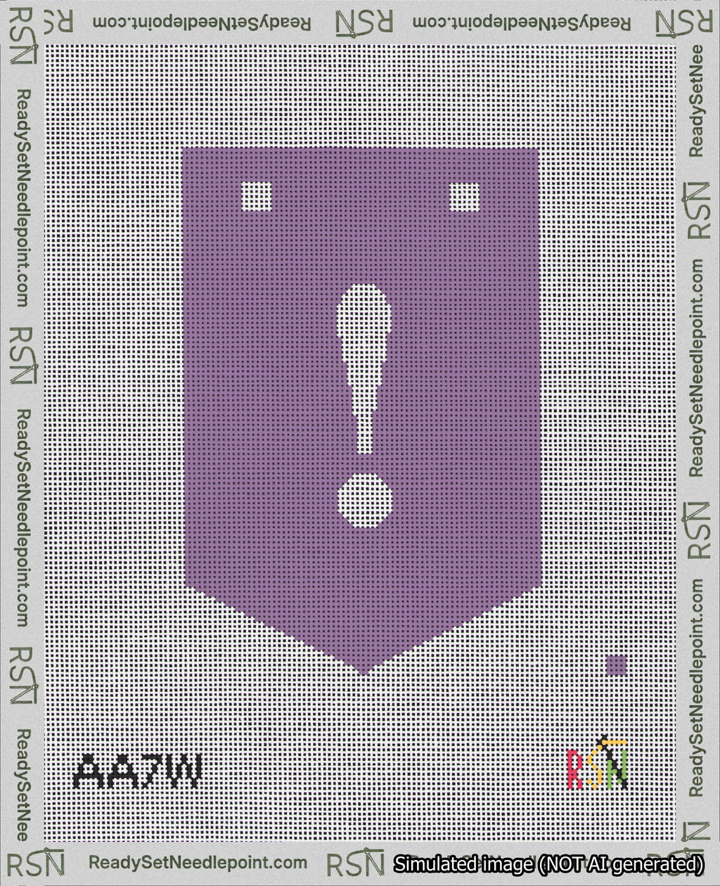 A taped needlepoint canvas with the design: Banner 18 mesh count Pointed Exclamation White on Purple.