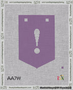 A taped needlepoint canvas with the design: Banner 18 mesh count Pointed Exclamation White on Purple.