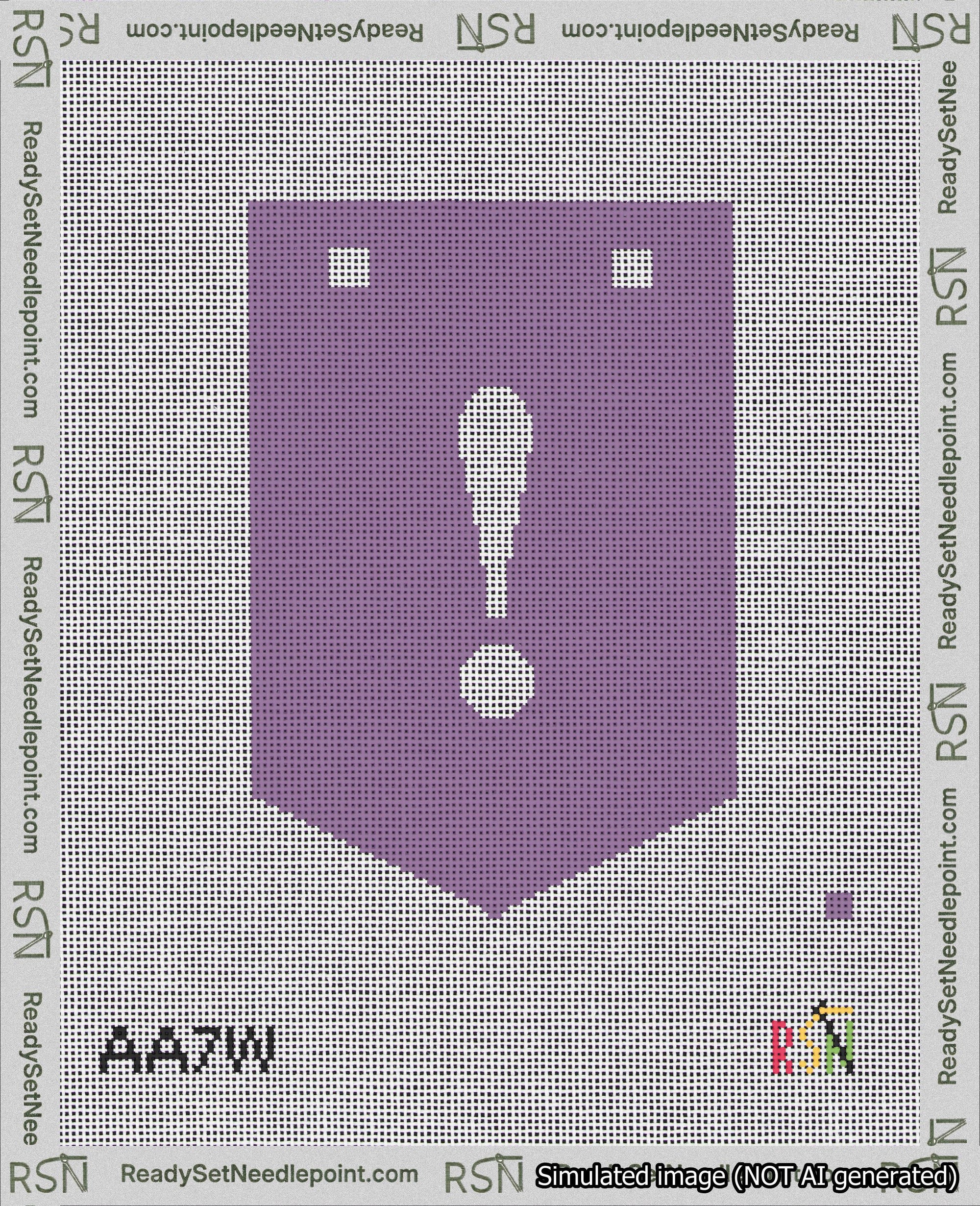 A taped needlepoint canvas with the design: Banner 18 mesh count Pointed Exclamation White on Purple.