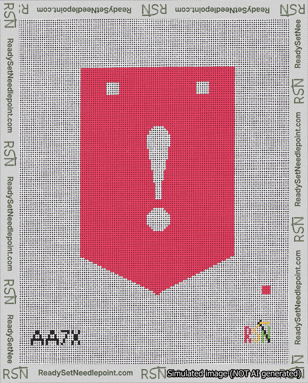 A taped needlepoint canvas with the design: Banner 18 mesh count Pointed Exclamation White on Red.