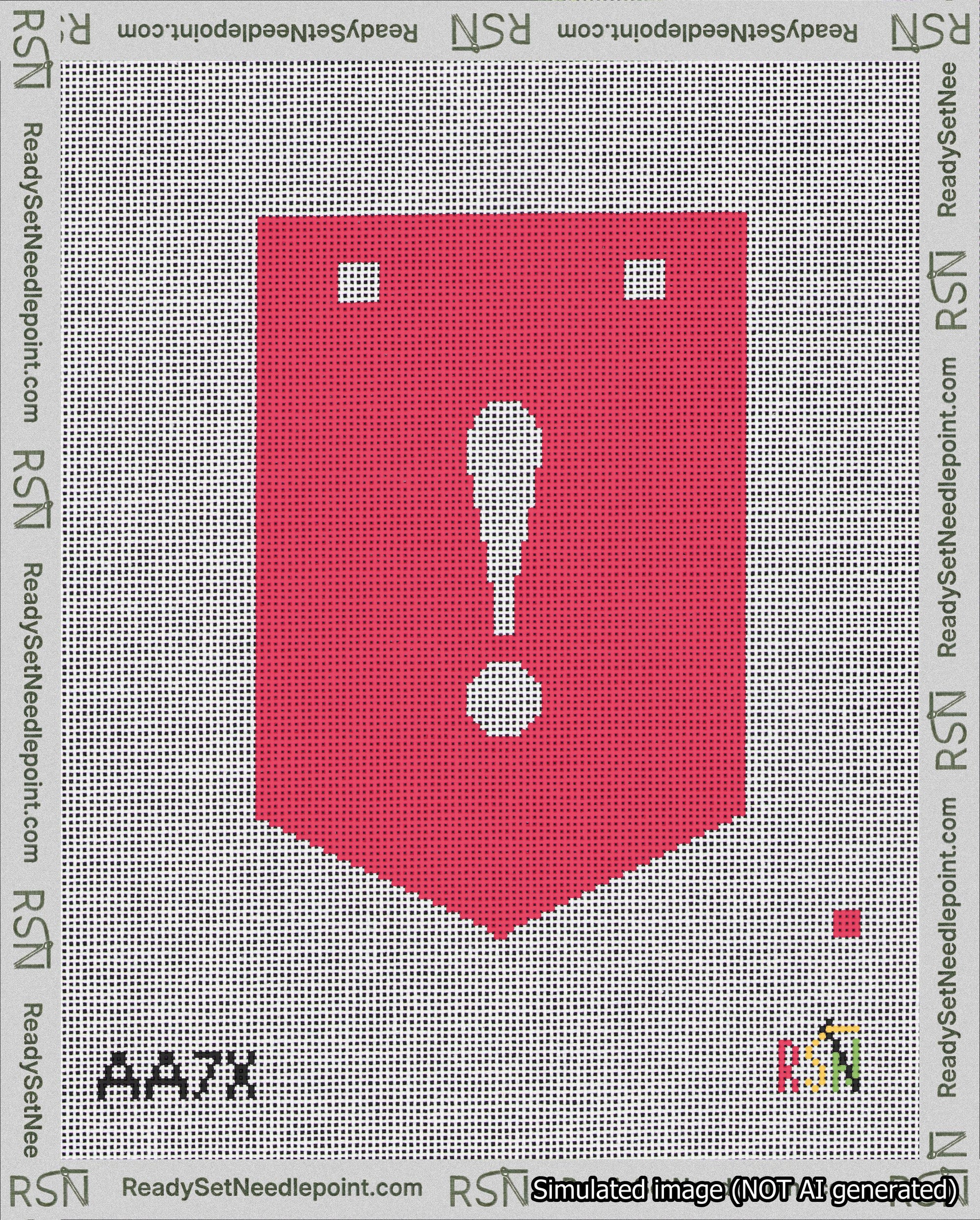 A taped needlepoint canvas with the design: Banner 18 mesh count Pointed Exclamation White on Red.