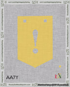 A taped needlepoint canvas with the design: Banner 18 mesh count Pointed Exclamation White on Yellow.