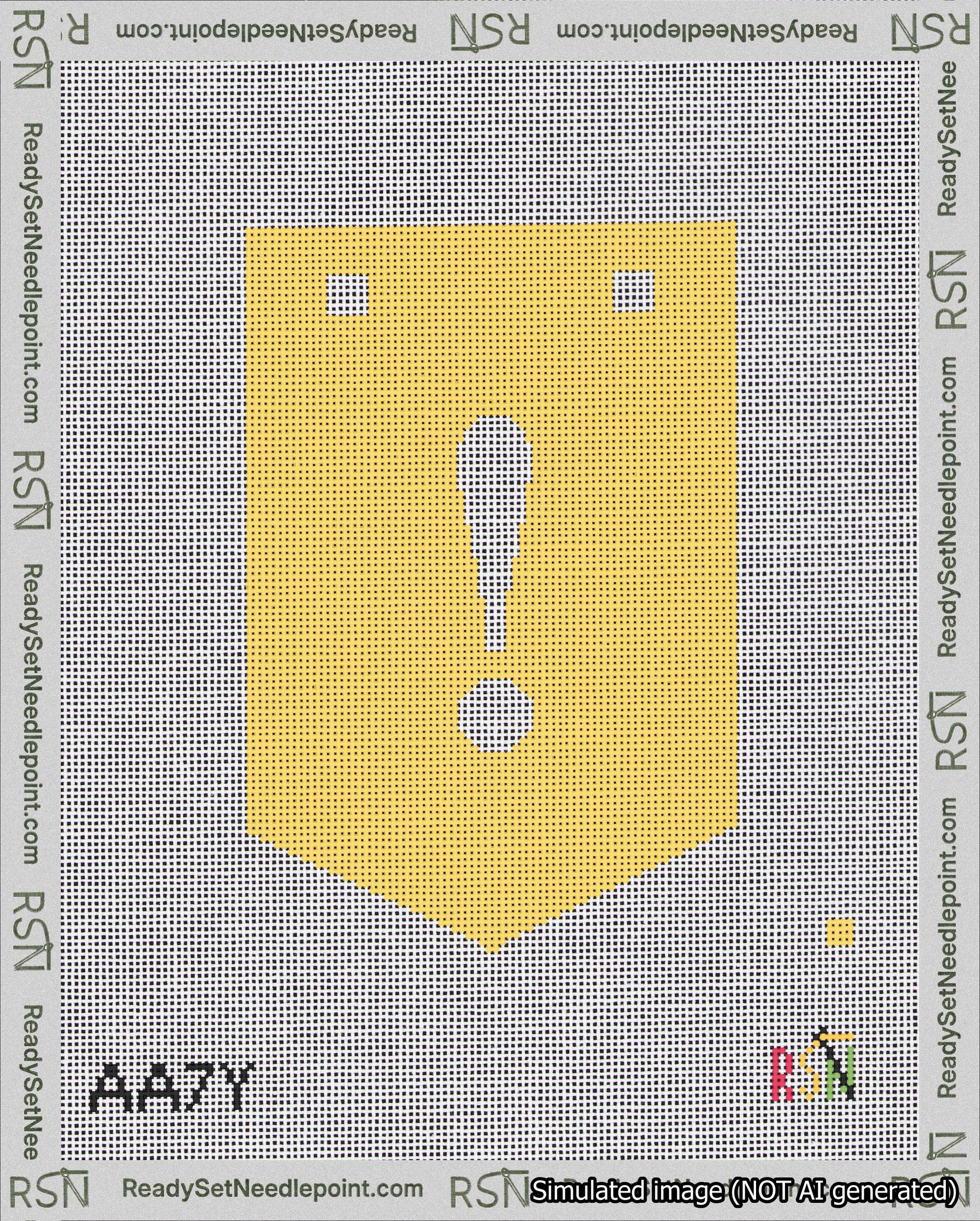 A taped needlepoint canvas with the design: Banner 18 mesh count Pointed Exclamation White on Yellow.