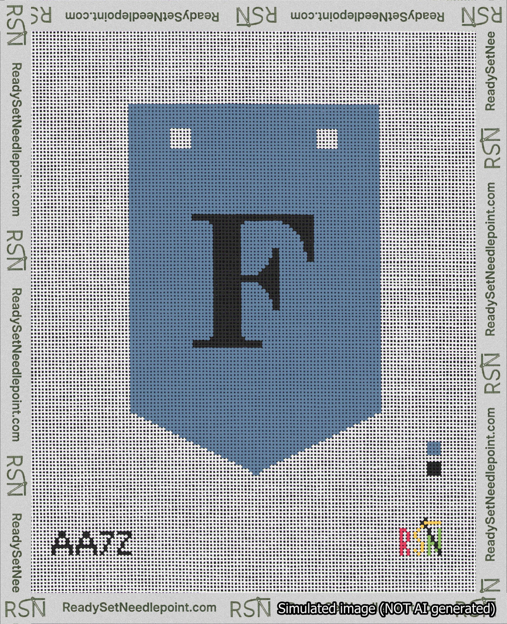 A taped needlepoint canvas with the design: Banner 18 mesh count Pointed F Black on Blue.