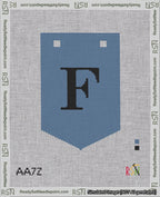 A taped needlepoint canvas with the design: Banner 18 mesh count Pointed F Black on Blue.
