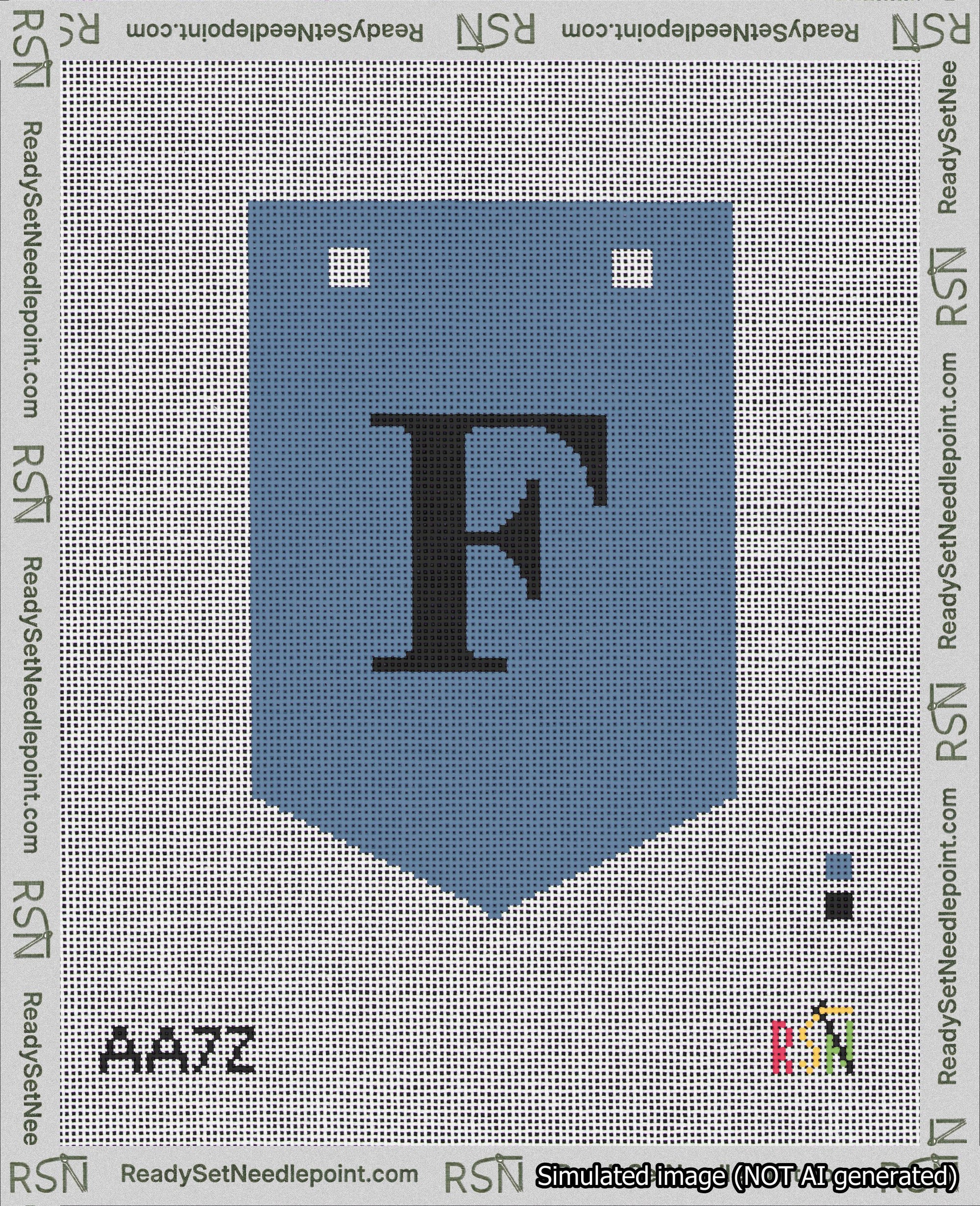 A taped needlepoint canvas with the design: Banner 18 mesh count Pointed F Black on Blue.