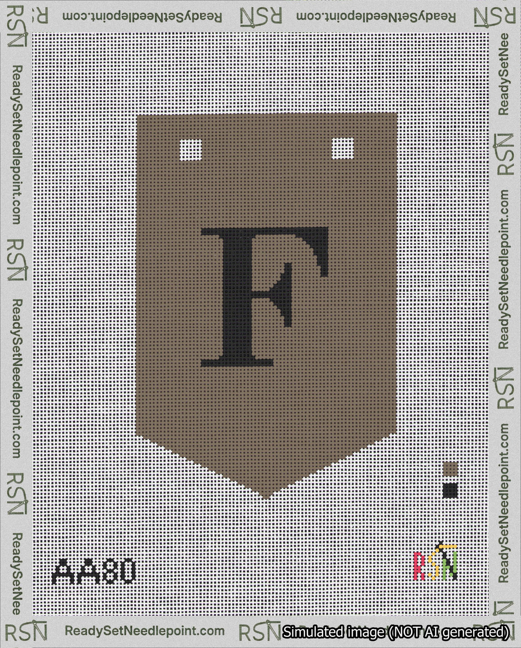 A taped needlepoint canvas with the design: Banner 18 mesh count Pointed F Black on Brown.