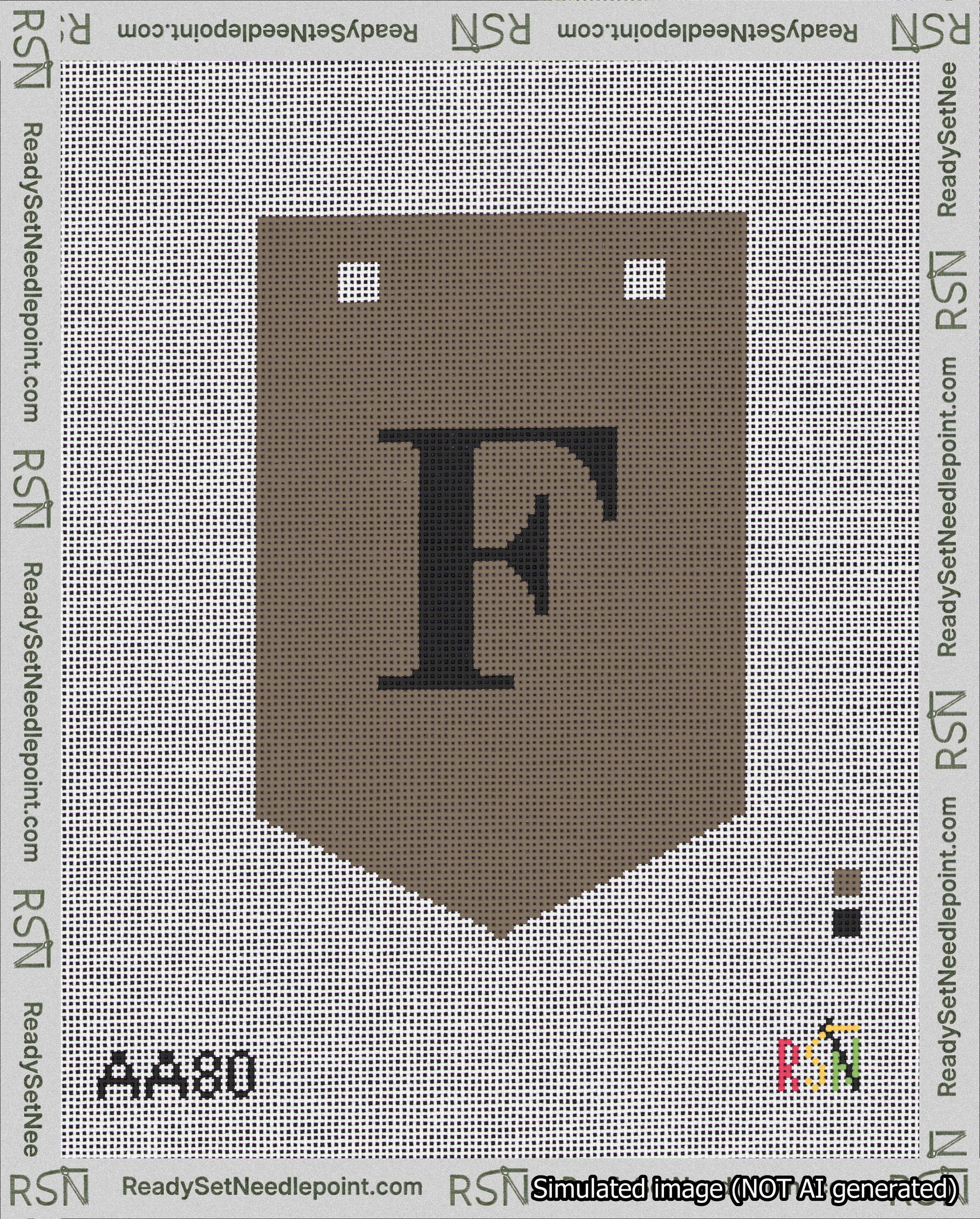 A taped needlepoint canvas with the design: Banner 18 mesh count Pointed F Black on Brown.