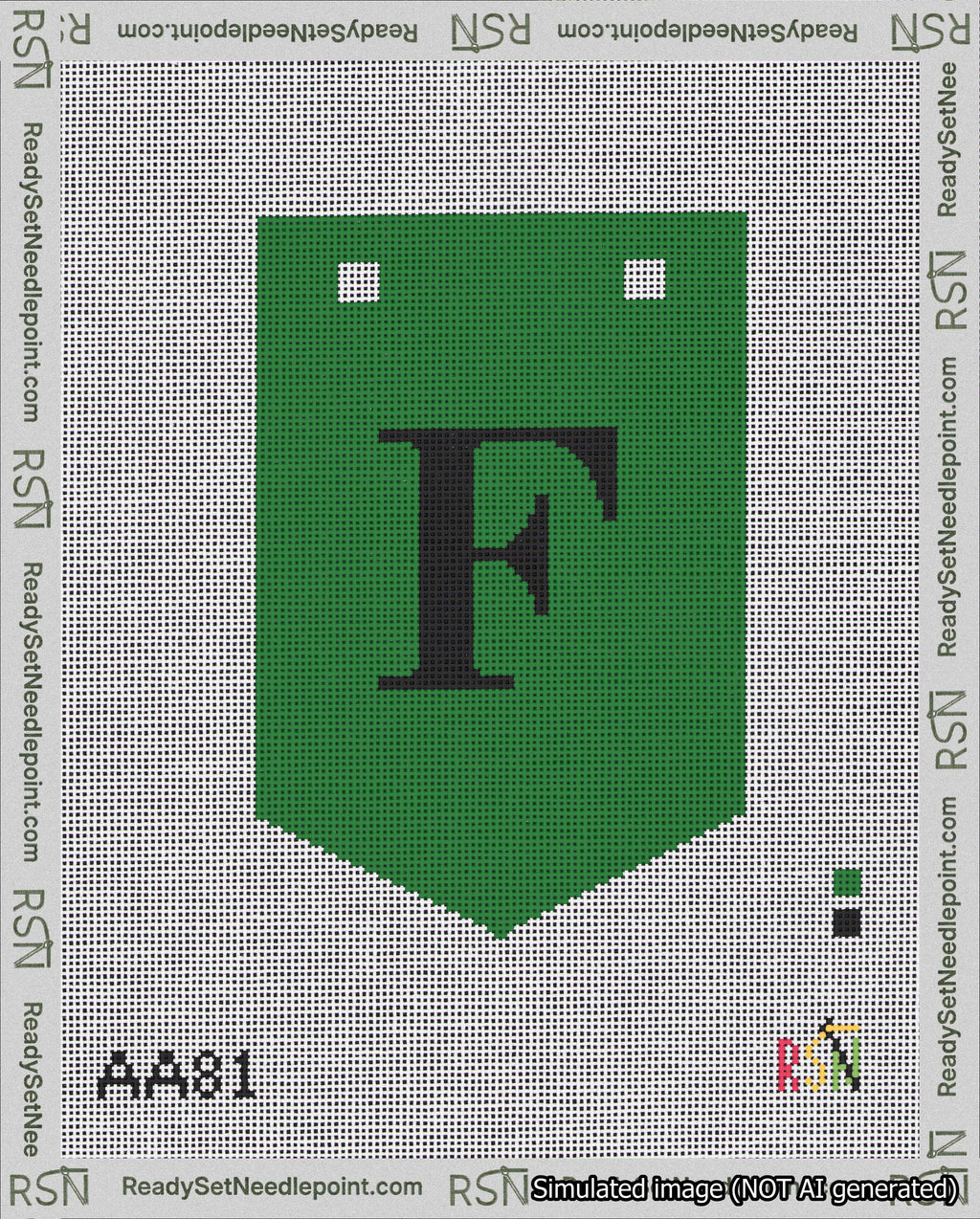 A taped needlepoint canvas with the design: Banner 18 mesh count Pointed F Black on Green.
