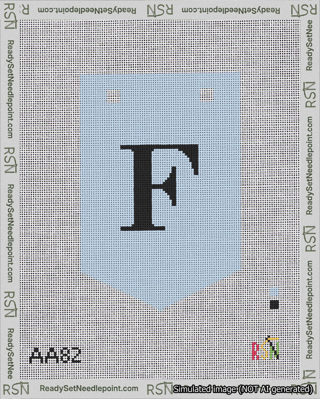 A taped needlepoint canvas with the design: Banner 18 mesh count Pointed F Black on Light Blue.