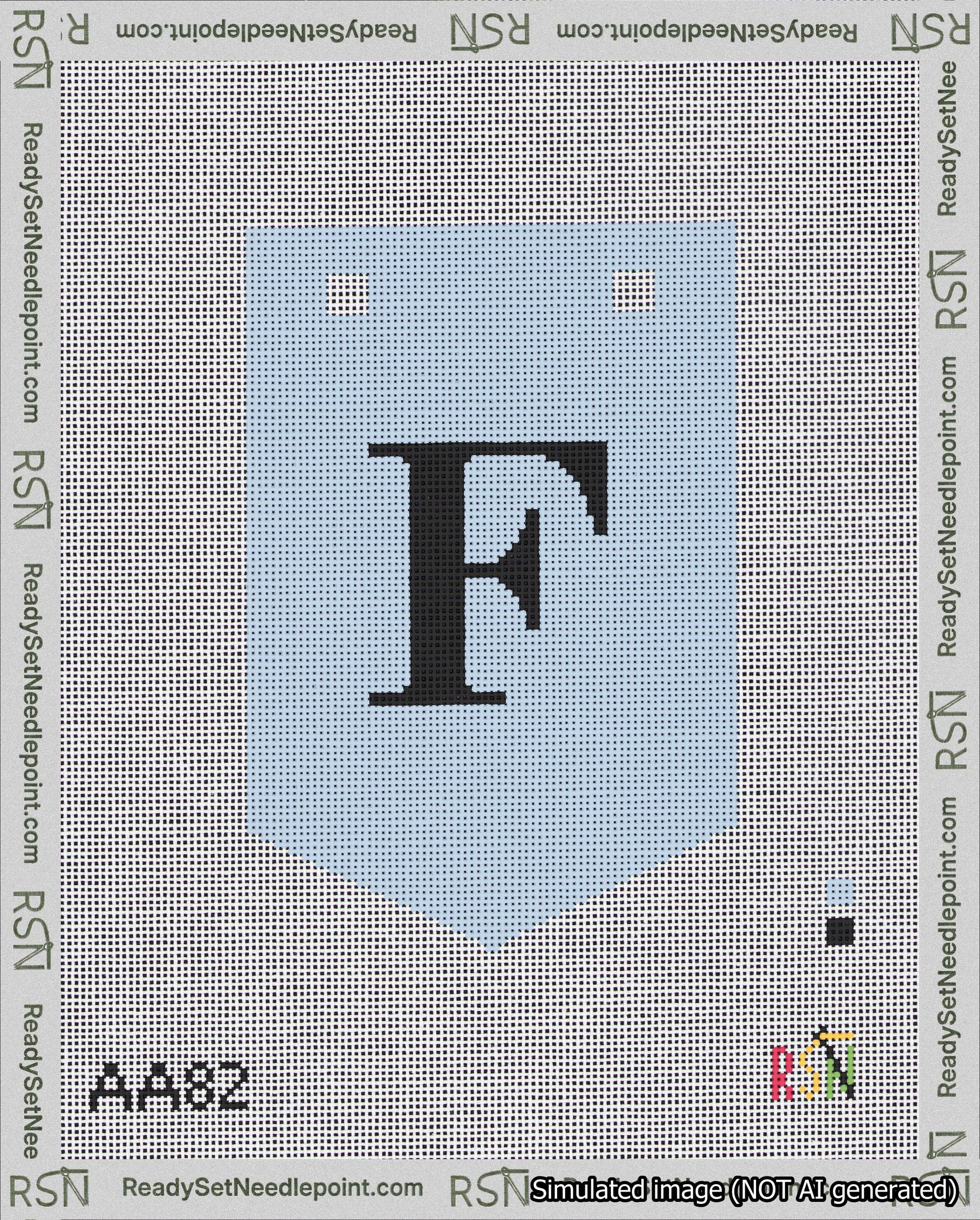 A taped needlepoint canvas with the design: Banner 18 mesh count Pointed F Black on Light Blue.