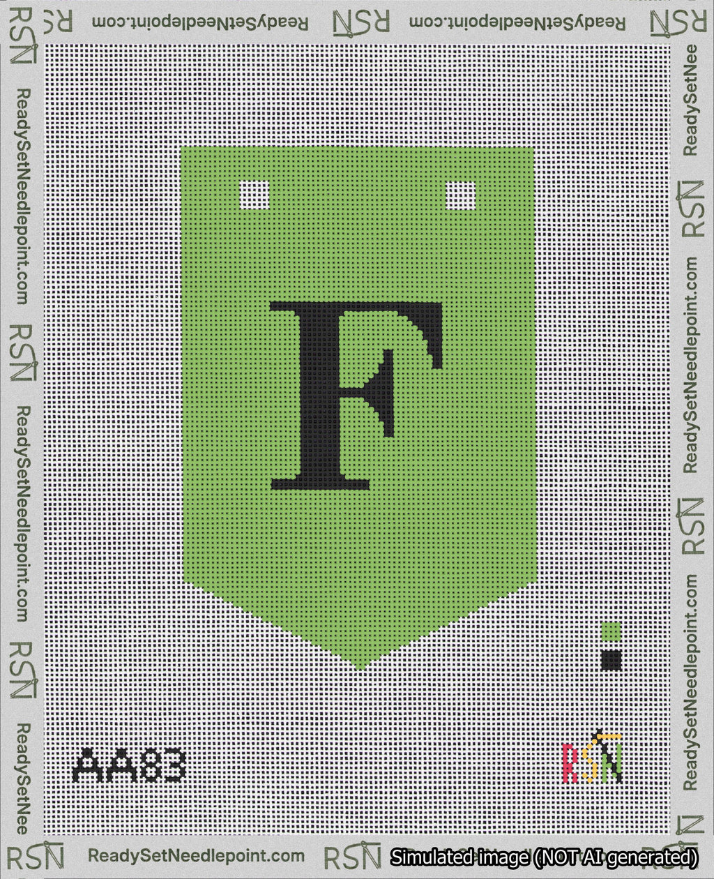 A taped needlepoint canvas with the design: Banner 18 mesh count Pointed F Black on Light Green.