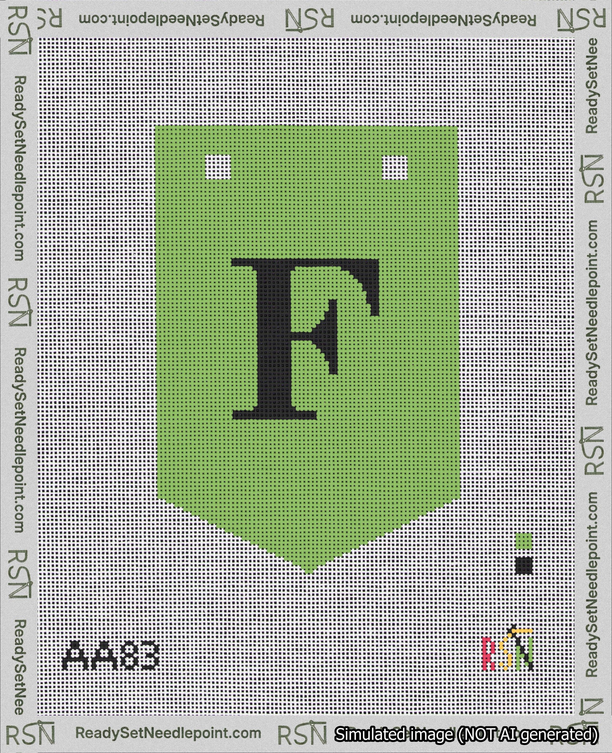 A taped needlepoint canvas with the design: Banner 18 mesh count Pointed F Black on Light Green.