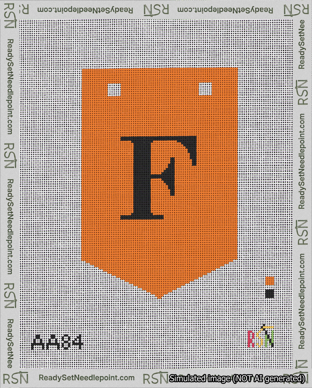 A taped needlepoint canvas with the design: Banner 18 mesh count Pointed F Black on Orange.