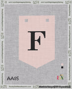 A taped needlepoint canvas with the design: Banner 18 mesh count Pointed F Black on Pink.