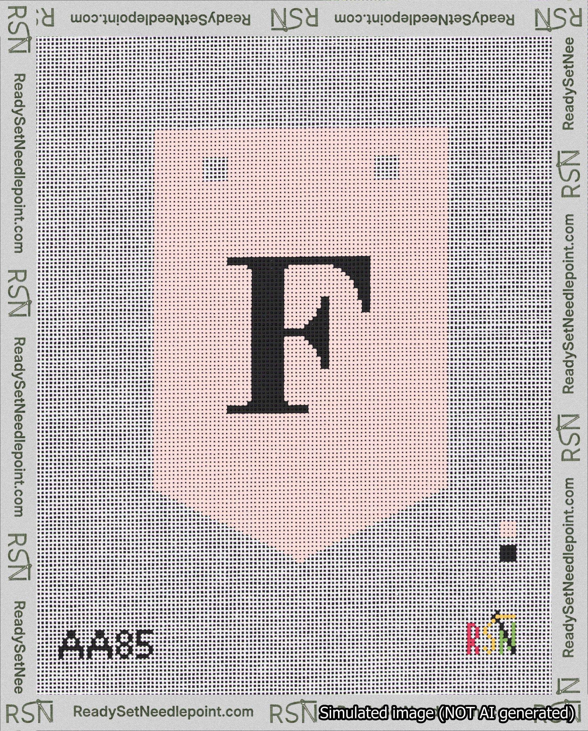 A taped needlepoint canvas with the design: Banner 18 mesh count Pointed F Black on Pink.