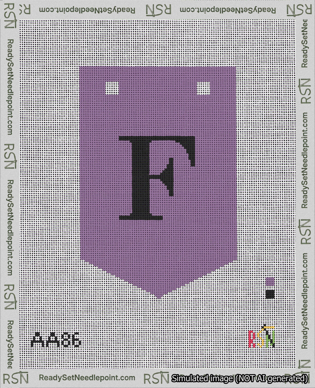 A taped needlepoint canvas with the design: Banner 18 mesh count Pointed F Black on Purple.
