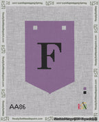 A taped needlepoint canvas with the design: Banner 18 mesh count Pointed F Black on Purple.