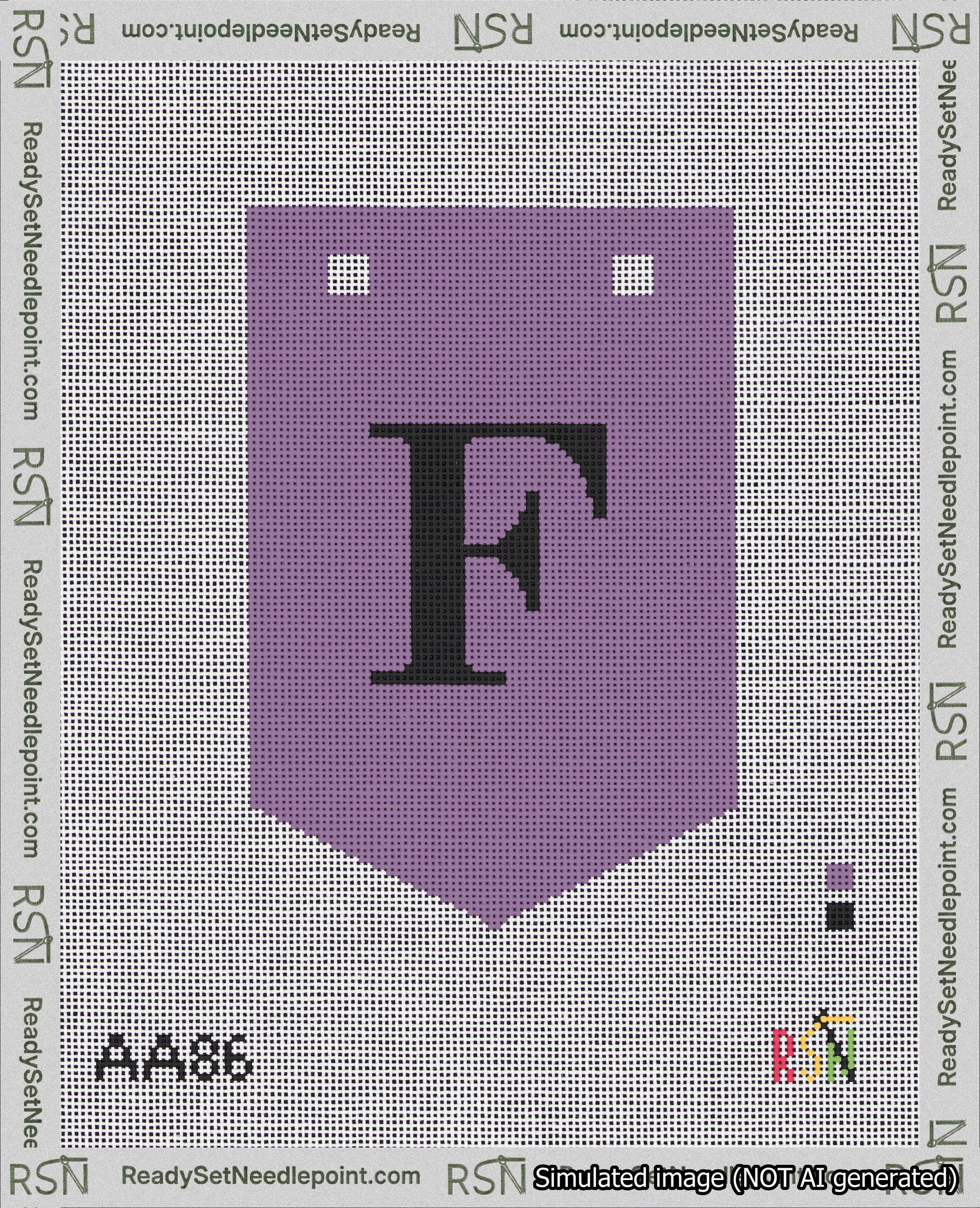 A taped needlepoint canvas with the design: Banner 18 mesh count Pointed F Black on Purple.