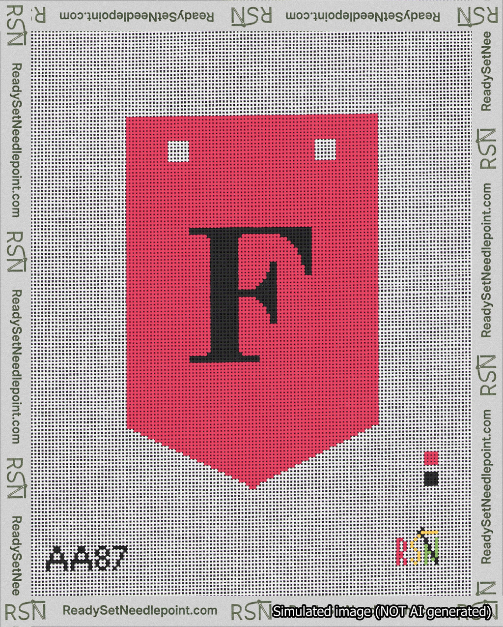 A taped needlepoint canvas with the design: Banner 18 mesh count Pointed F Black on Red.