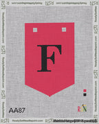 A taped needlepoint canvas with the design: Banner 18 mesh count Pointed F Black on Red.