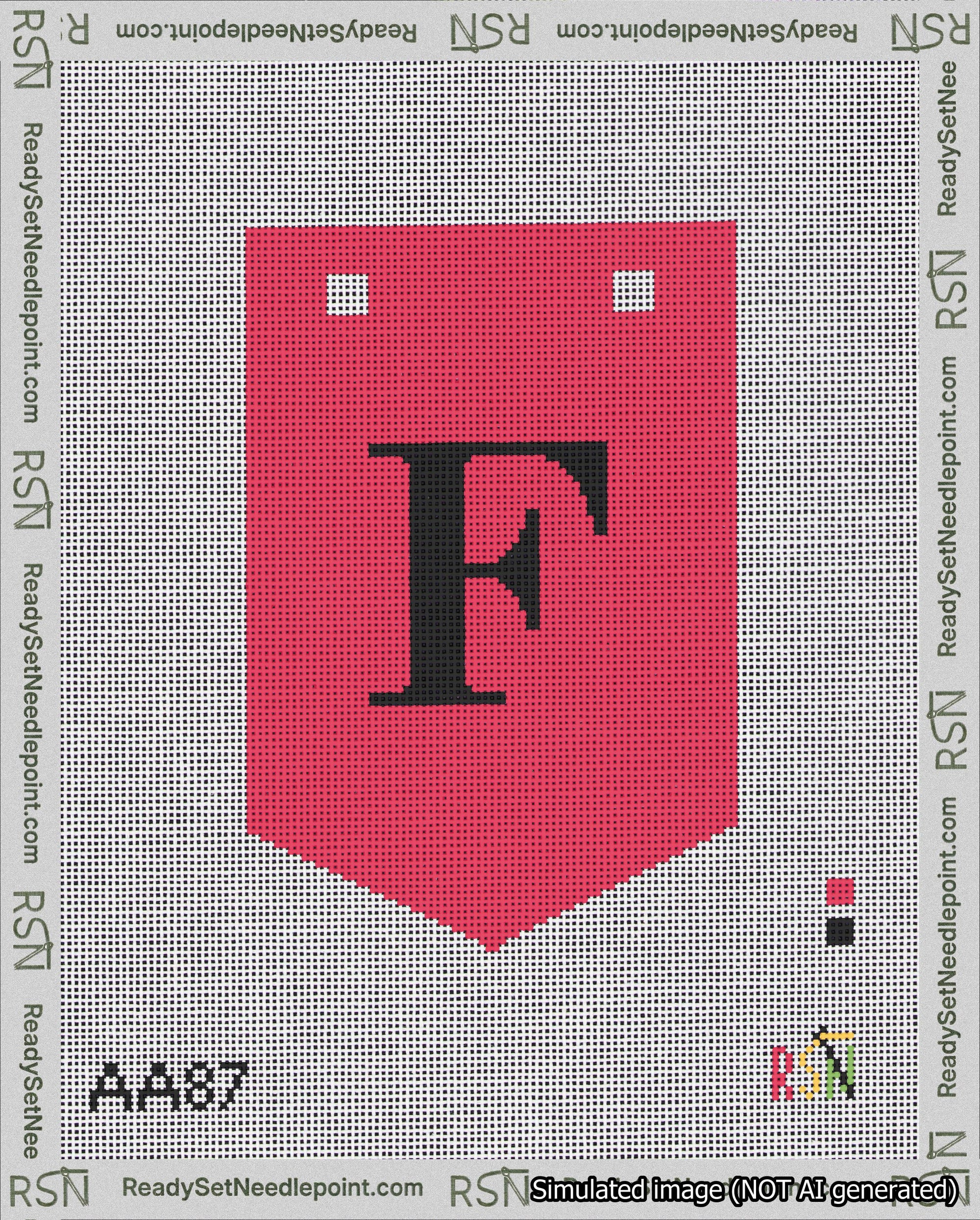 A taped needlepoint canvas with the design: Banner 18 mesh count Pointed F Black on Red.