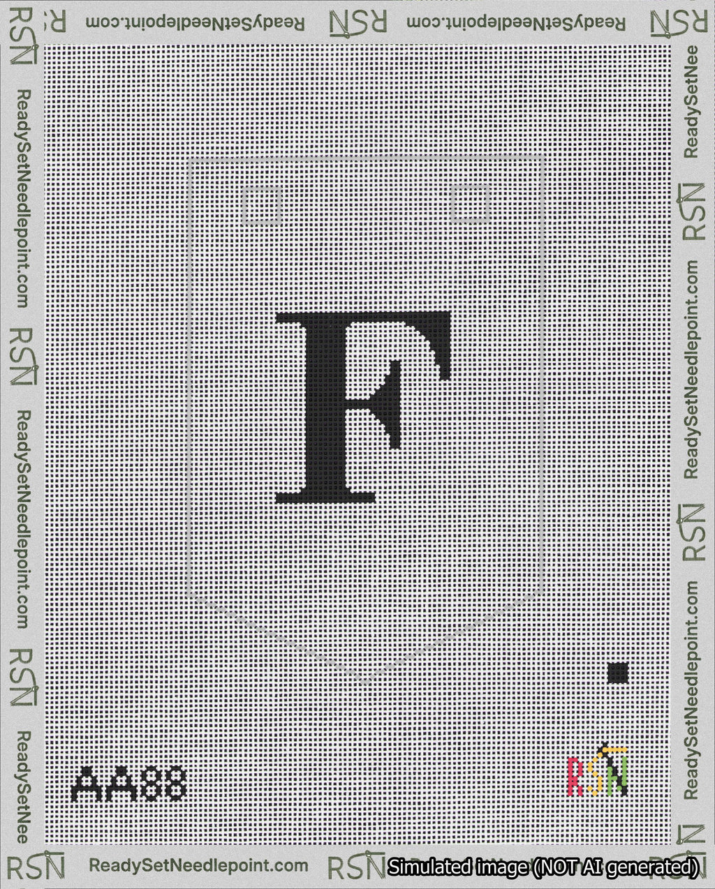 A taped needlepoint canvas with the design: Banner 18 mesh count Pointed F Black on White.