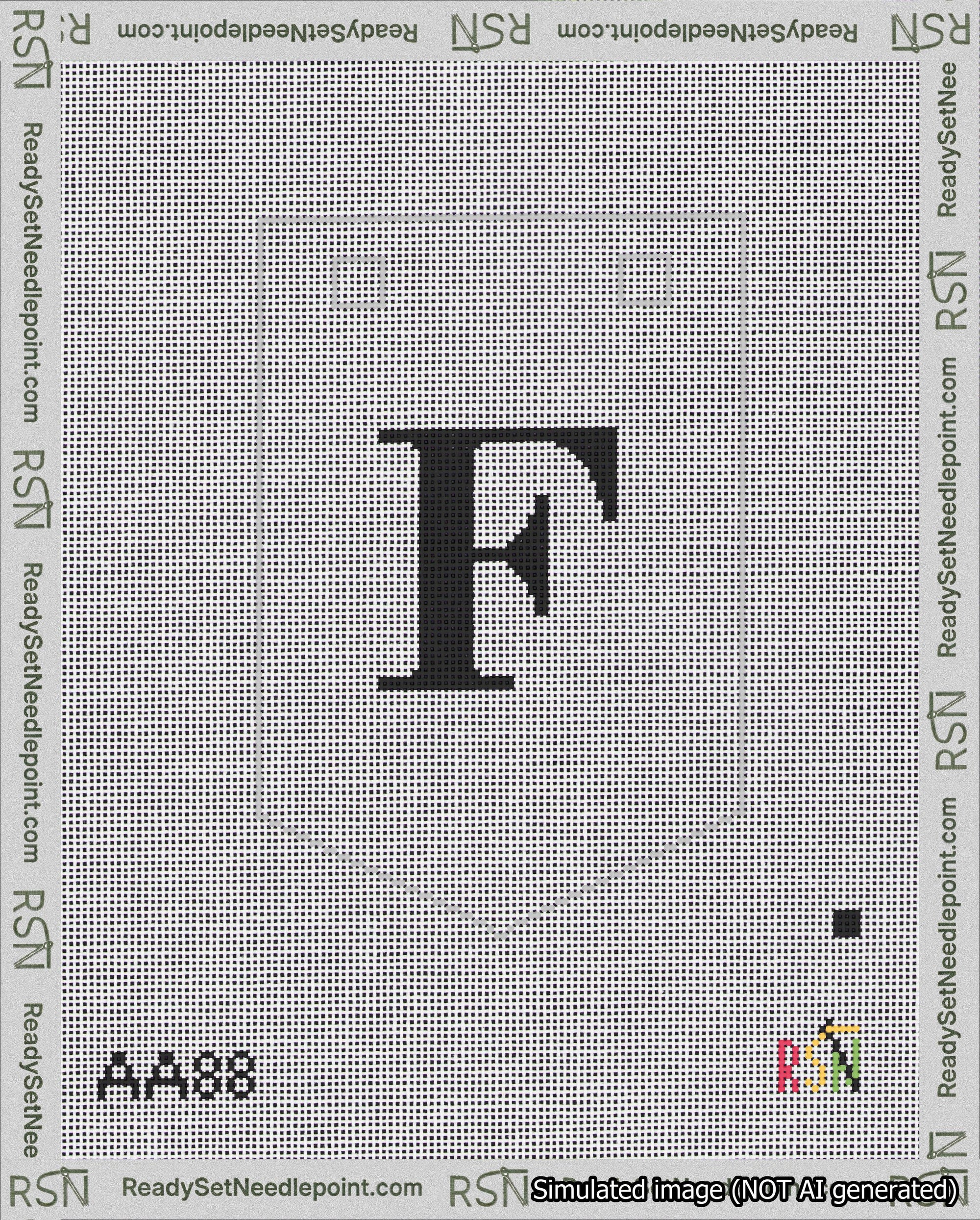 A taped needlepoint canvas with the design: Banner 18 mesh count Pointed F Black on White.